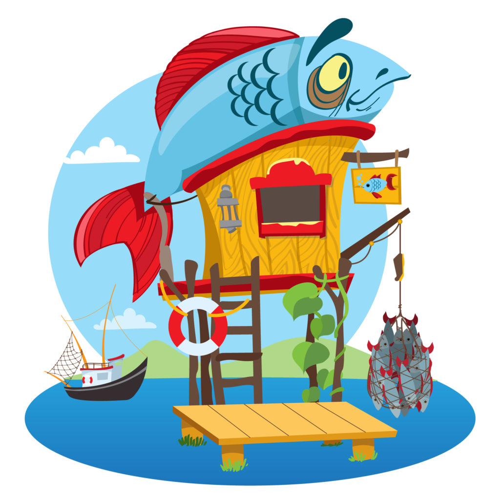 House fisherman. Cartoon illustration of a wooden hut on stilts near the river. Drawing for gaming mobile applications.