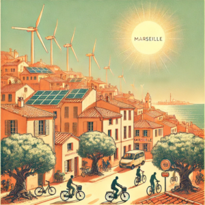 Vue illustrée d’un Marseille durable avec toits solaires, vélos, oliviers et mer Méditerranée en arrière-plan, dans un style poétique et provençal
