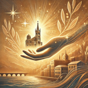 Illustration dorée et symbolique représentant une main protectrice tenant une église rayonnante au-dessus d’une ville méditerranéenne stylisée, inspirée de Notre-Dame de la Garde à Marseille