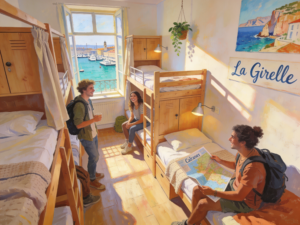 Dortoir cosy et éco-responsable à La Girelle Small Hostel à Marseille, avec voyageurs et lumière méditerranéenne