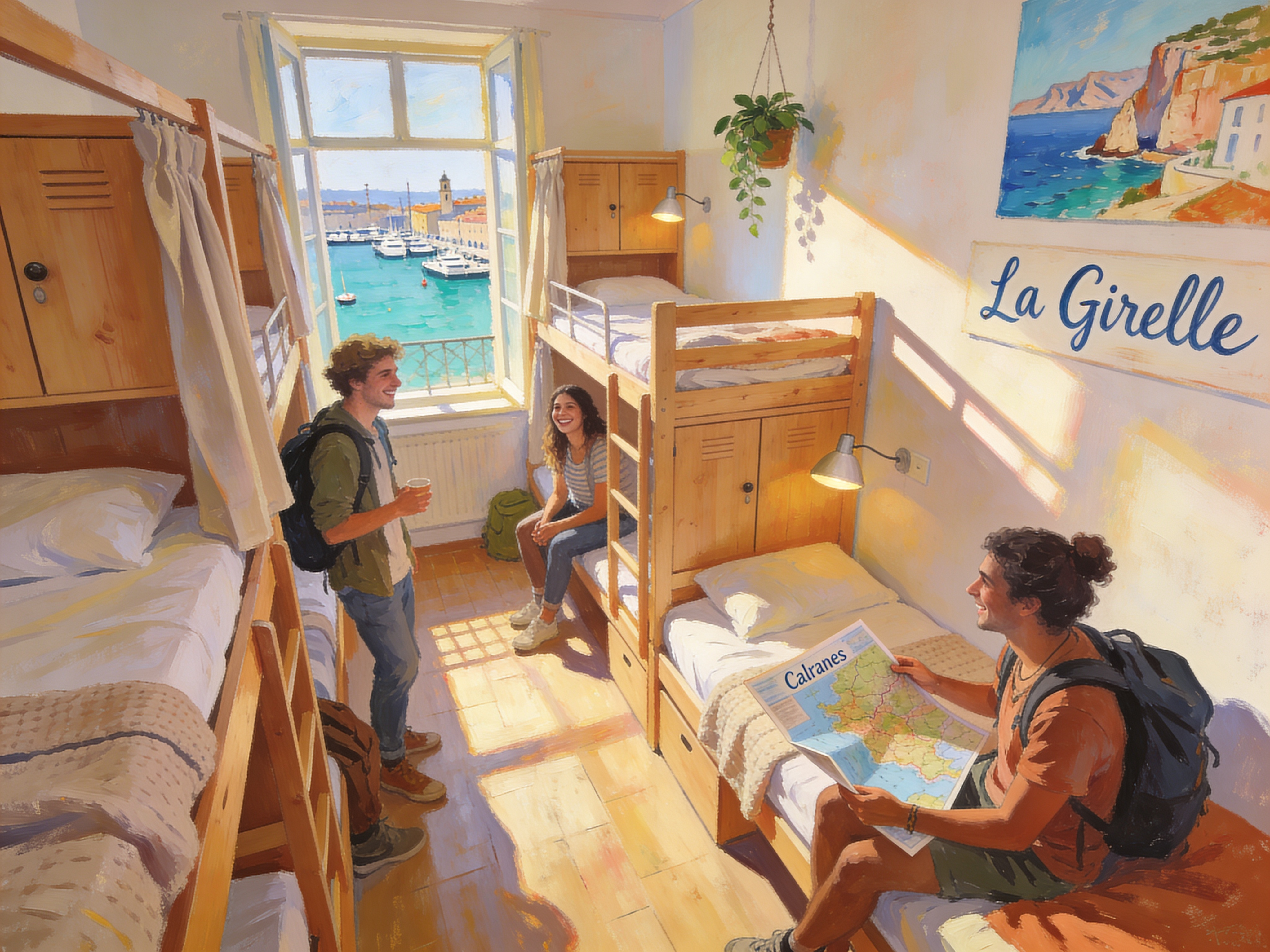 Dortoir cosy et éco-responsable à La Girelle Small Hostel à Marseille, avec voyageurs et lumière méditerranéenne