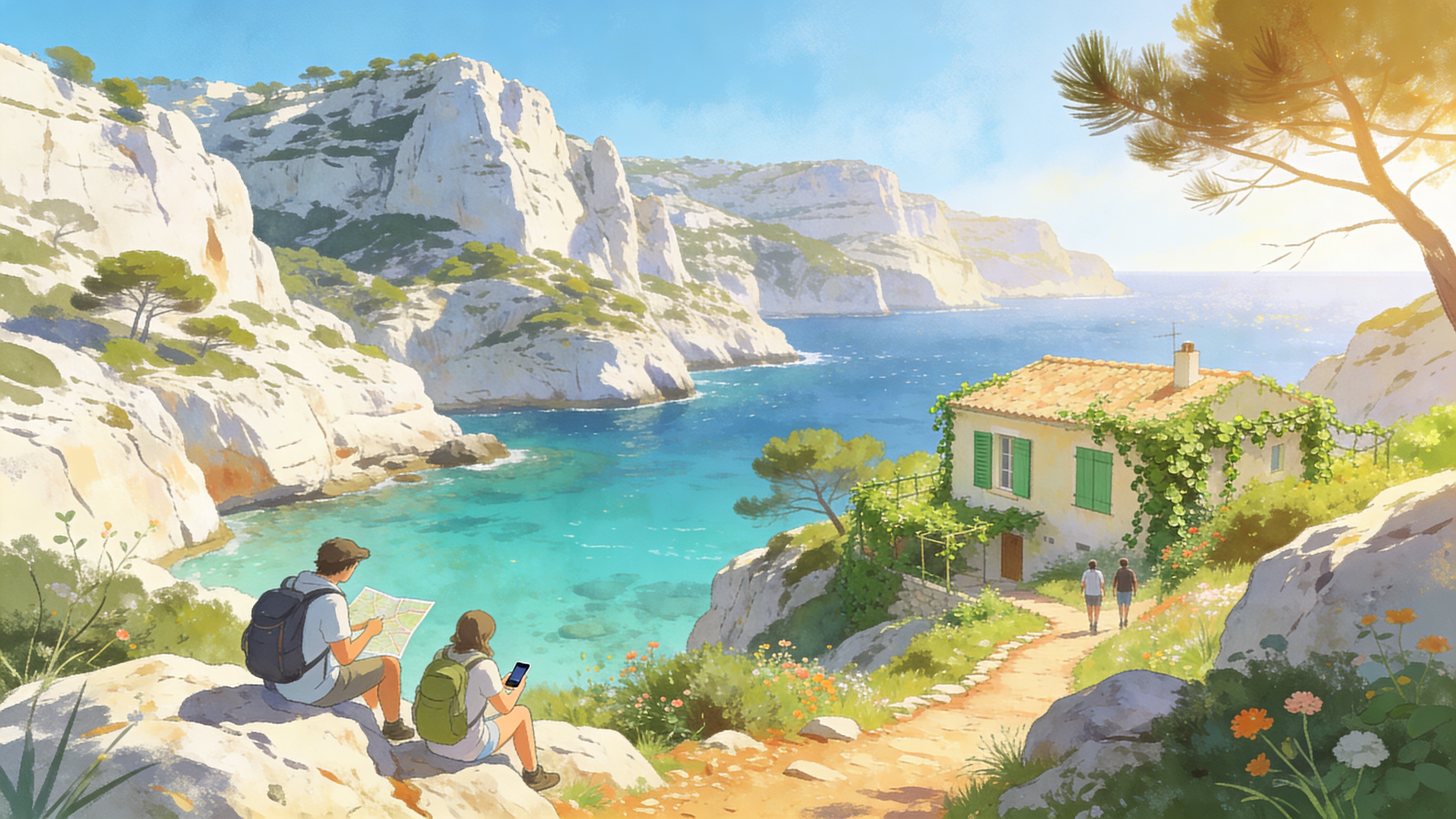 Hikers overlooking the Calanques of Marseille with turquoise sea and eco-friendly accommodation nearby