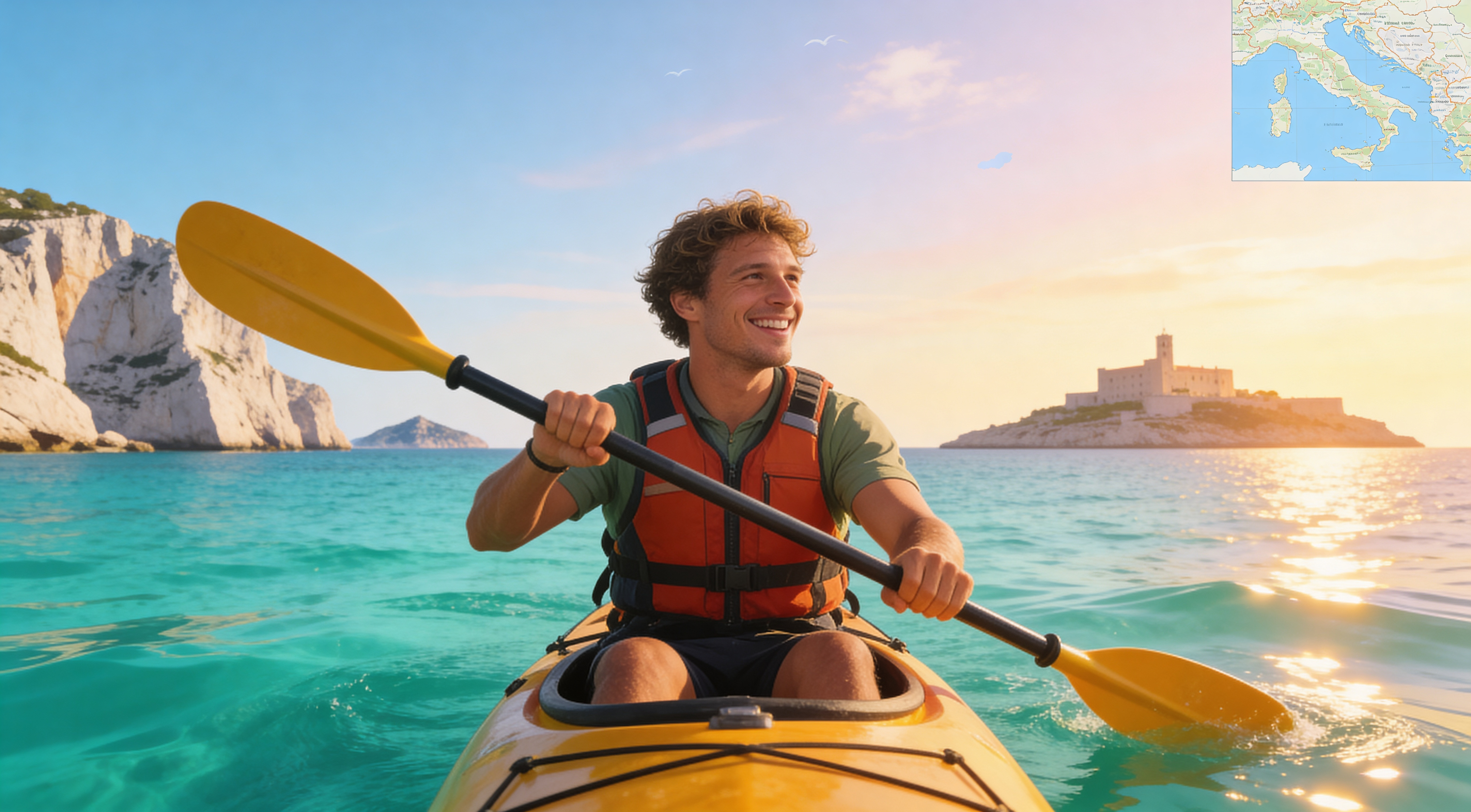 Kayakiste en gilet de sauvetage sur une mer turquoise à Marseille, avec les Calanques, le Frioul et le Château d’If en arrière-plan, sous une lumière douce.