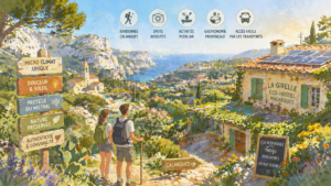 Illustrated view of Mazargues in Marseille showing a sunny microclimate, eco-hostel surrounded by nature, hikers, and the Calanques coastline