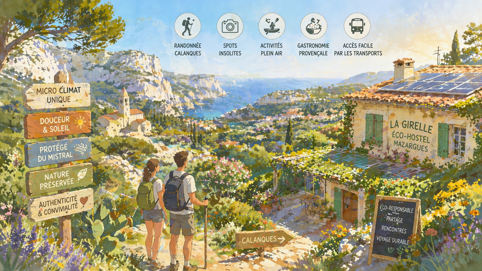 Illustrated view of Mazargues in Marseille showing a sunny microclimate, eco-hostel surrounded by nature, hikers, and the Calanques coastline