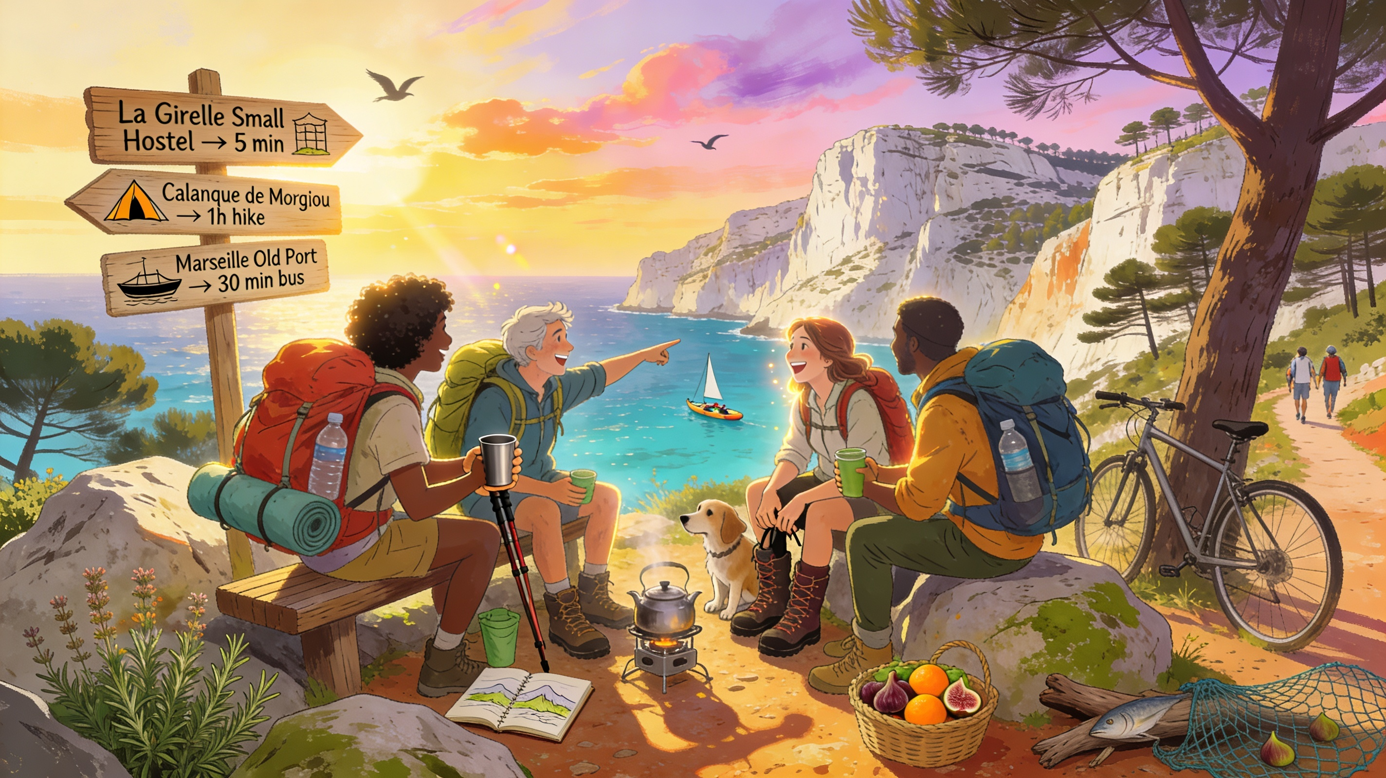 Backpackers enjoying a sunset break near Marseille's Calanques at La Girelle Small Hostel, with hiking gear and a view of the turquoise sea