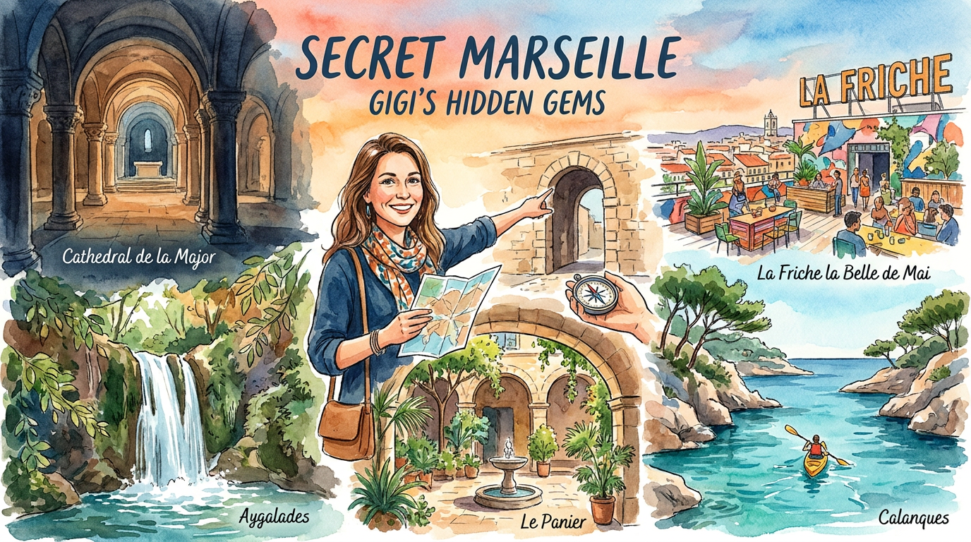 Illustration aquarelle des endroits secrets de Marseille : crypte de la Major, cascade des Aygalades, cours cachées du Panier, toit de la Friche la Belle de Mai et kayak dans les Calanques. Gigi, hôtesse de La Girelle, invite à l’aventure