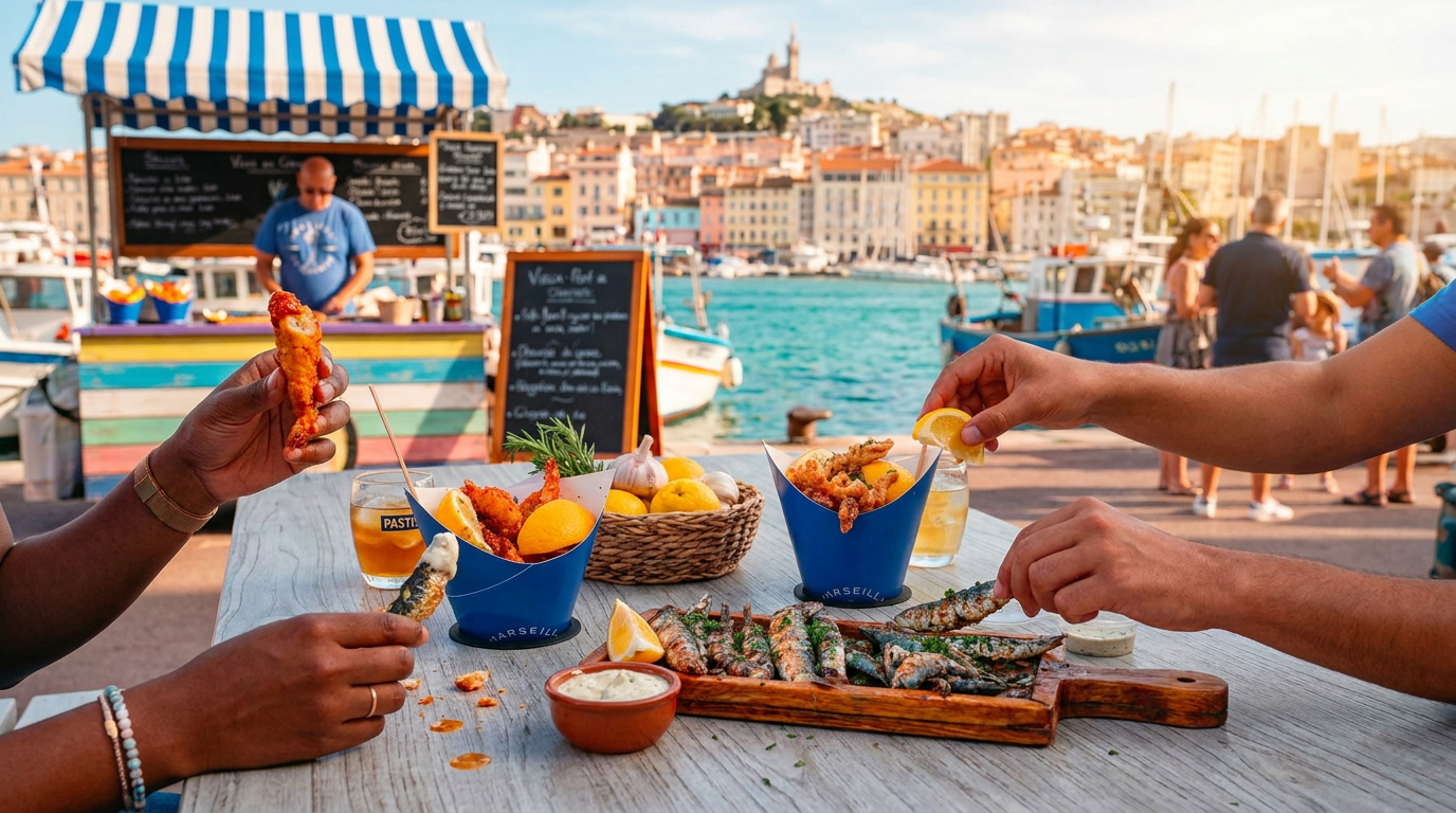 A vibrant wooden table at Marseille’s Old Port showcasing local street food: crispy panisses in blue "MARSEILLE" cones, golden fritures (fried fish), grilled sardines with herbs, and a bowl of aioli. Hands share the meal under golden-hour sunlight with Notre-Dame de la Garde in the background.